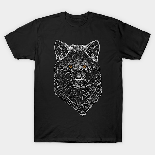 North American Gray Wolf Hand Drawn White Ink Negative Image Inverse Brown Eyes Endangered Species T-Shirt by Ray Wellman Art